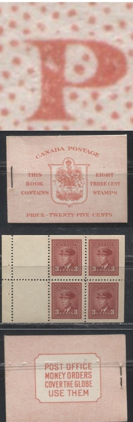 Lot 265 Canada #BK34a1942-1949 War Issue, Type I, Complete 25¢ English Booklet, 2 Panes of 3c Carmine-Red, CBN-AAAAA Paper, Harris Front Cover Type IIe, Back Cover Type A, 17 mm Staple, 6c Rate Page