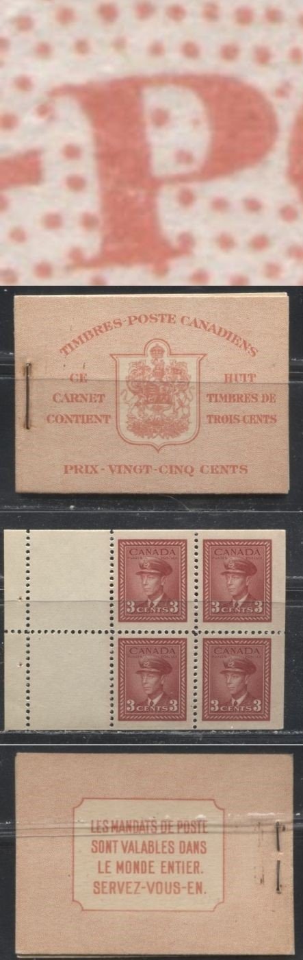 Lot 346 Canada #BK34d 1942-1949 War Issue, Type I, Complete 25¢ French Booklet, 2 Panes of 3c Carmine-Red, Smooth Vertical Wove Paper, Harris Front Cover Type IIn, Back Cover Type B, Surcharged 6c Airmail Rate Page, Shifted Surcharge