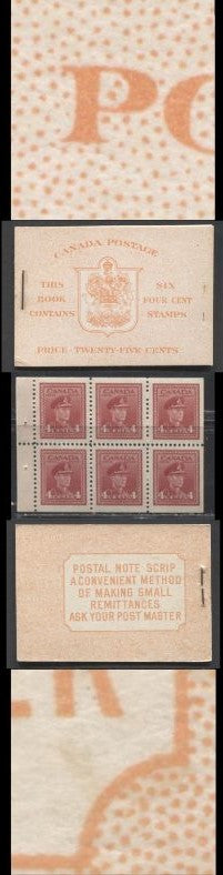 Lot 349 Canada #BK36f (McCann #36l) 1942-1949 War Issue,Type IIa "Post Master" Complete 25¢ English Booklet, 1 Pane of 4c Carmine-Red, Vertical Wove Paper, Harris Front Cover IIi, Back Cover Type Cbii, Surcharged 7c and 6c Rate Page, 14 mm Staple