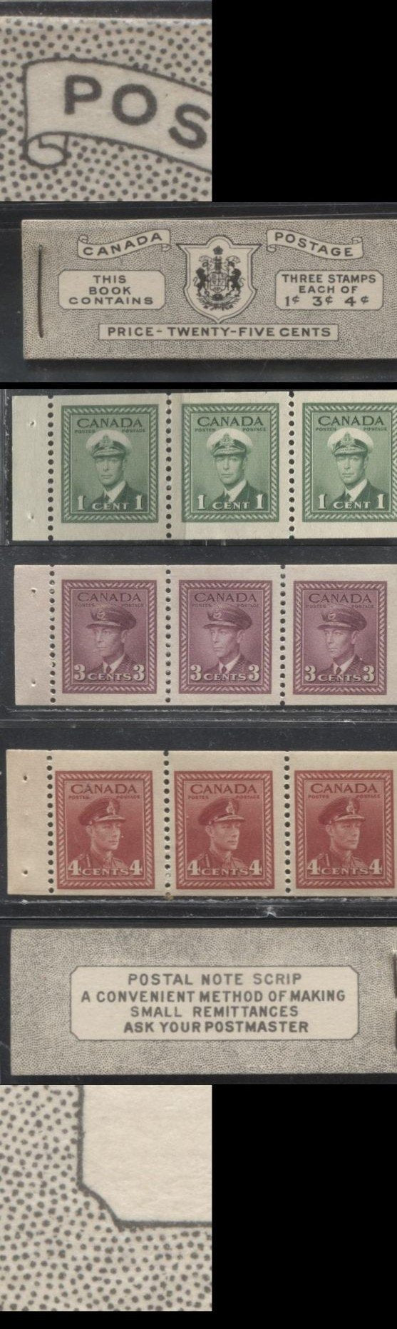 Lot 364 Canada #BK38a 1942-1949 War Issue 25c, English Booklet, 1 Pane Each of 3 of 1c Green, 3c Rosy Plum and 4c Carmine Red, Harris Font Cover Type IVb , Back Cover Haii, 7c & 6c Rate Page, Paper CBN-AAAAAA, Cutting Guideline At UR Of Front Cover