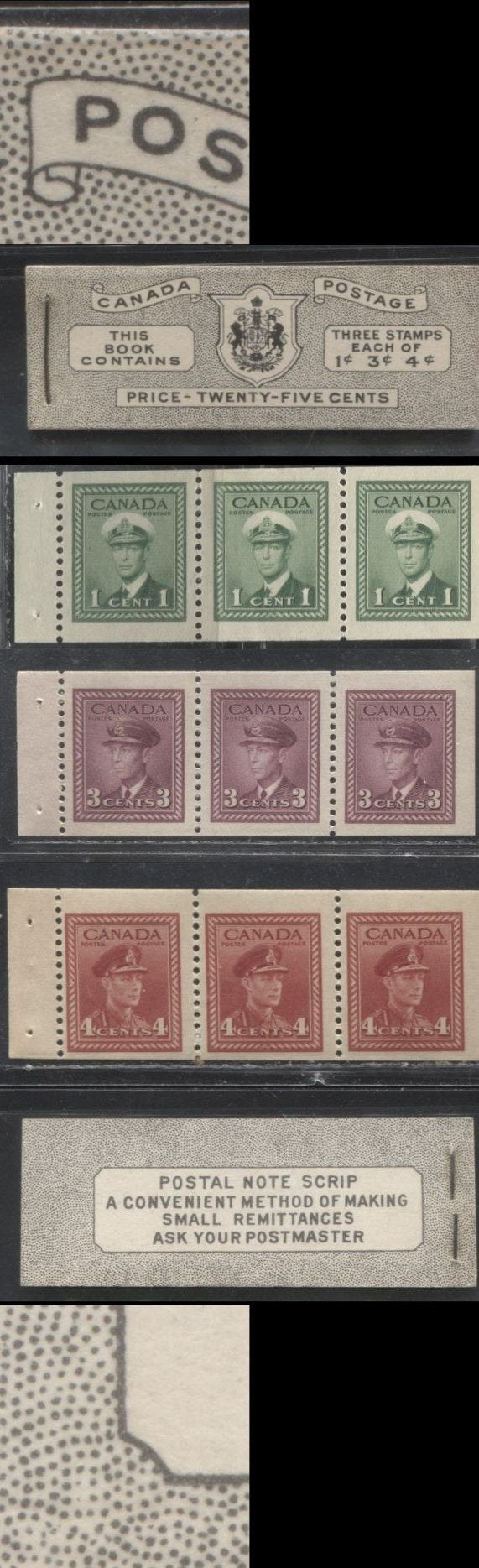 Lot 365 Canada #BK38a 1942-1949 War Issue Complete 25c, English Booklet Containing 1 Pane Each of 3 of 1c Green, 3c Rosy Plum and 4c Carmine Red, Harris Front Cover Type IVb , Back Cover Haiii, 7c & 6c Rate Page, Paper CBN-FFFFF