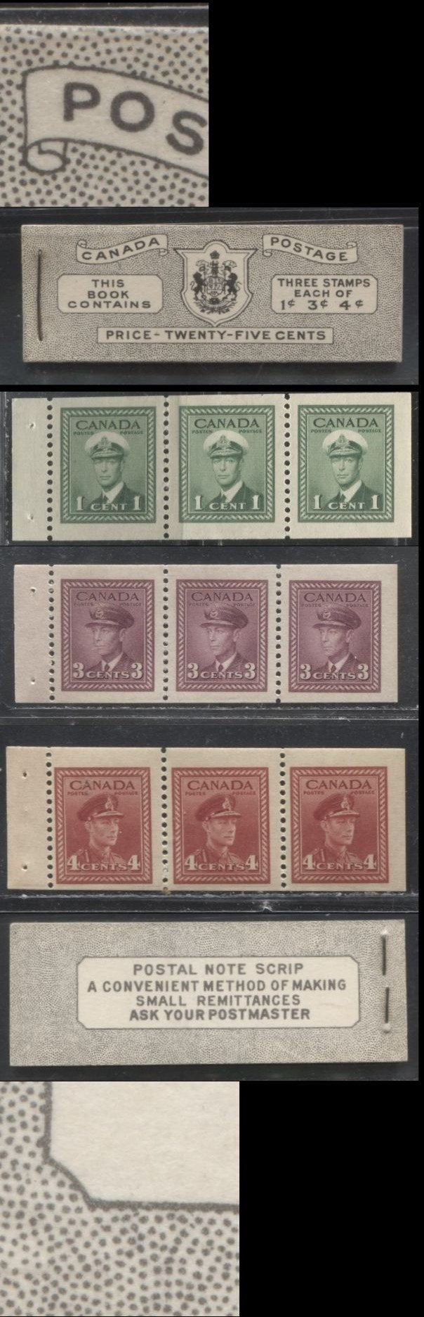 Lot 366 Canada #BK38a 1942-1949 War Issue Complete 25c, English Booklet Containing 1 Pane Each of 3 of 1c Green, 3c Rosy Plum and 4c Carmine Red, Harris Front Cover Type IVb , Back Cover Haiv, 7c & 6c Rate Page, Paper CBN-XXXXX