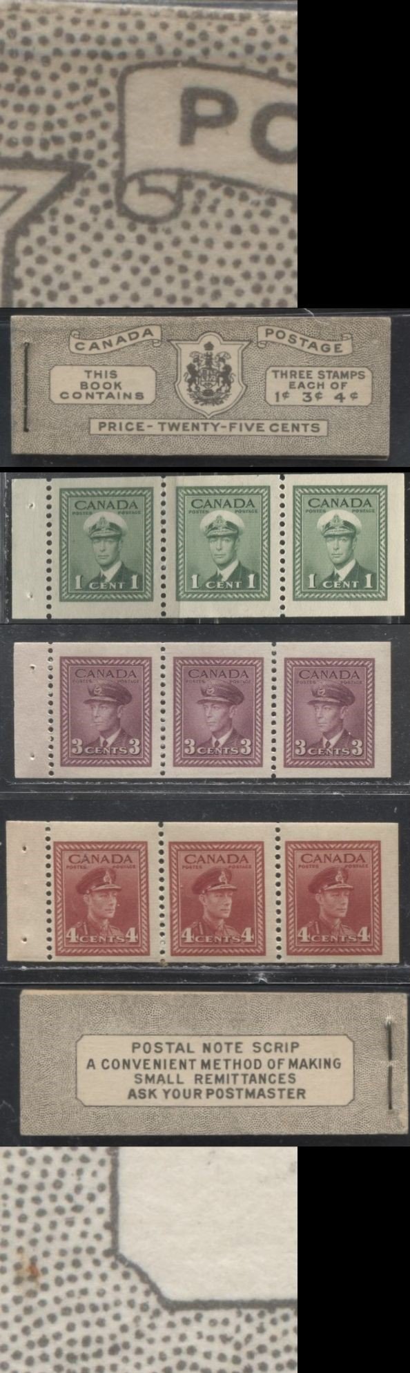 Lot 367 Canada #BK38a 1942-1949 War Issue Complete 25c, English Booklet Containing 1 Pane Each of 3 of 1c Green, 3c Rosy Plum and 4c Carmine Red, Harris Front Cover Type IVd , Back Cover Hai, 7c & 6c Rate Page, Paper CBN-SSSSS