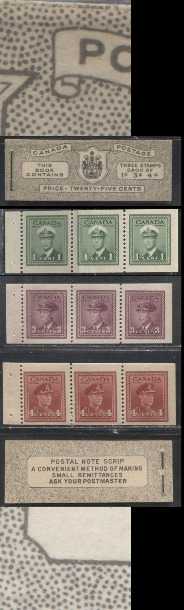 Lot 369 Canada #BK38a 1942-1949 War Issue Complete 25c, English Booklet Containing 1 Pane Each of 3 of 1c Green, 3c Rosy Plum and 4c Carmine Red, Harris Front Cover Type IVd , Back Cover Haiv, 7c & 6c Rate Page