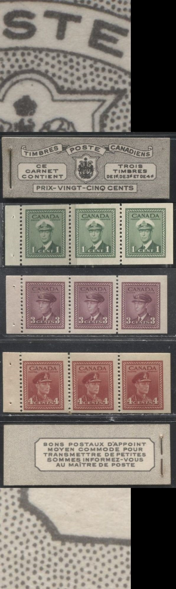 Lot 370 Canada #BK38a 1942-1949 War Issue Complete 25c, French Booklet Containing 1 Pane Each of 3 of 1c Green, 3c Rosy Plum and 4c Carmine Red, Harris Front Cover Type Vb , Back Cover Jvi, 7c & 6c Rate Page