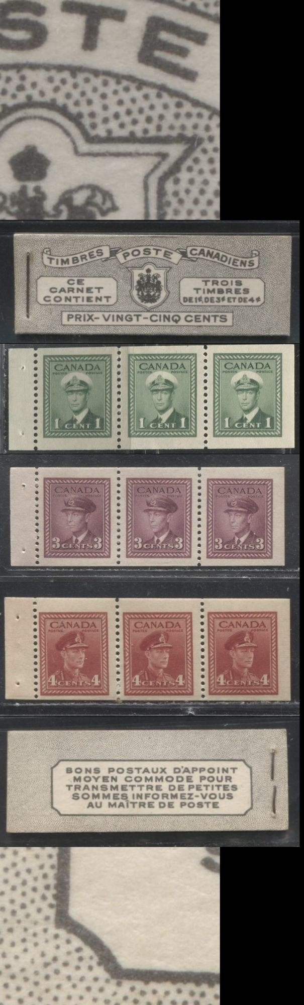 Lot 371 Canada #BK38a 1942-1949 War Issue Complete 25c, French Booklet Containing 1 Pane Each of 3 of 1c Green, 3c Rosy Plum and 4c Carmine Red, Harris Front Cover Type Vc , Back Cover Jvii, 7c & 6c Rate Page, Paper CBN-ZZZZZ