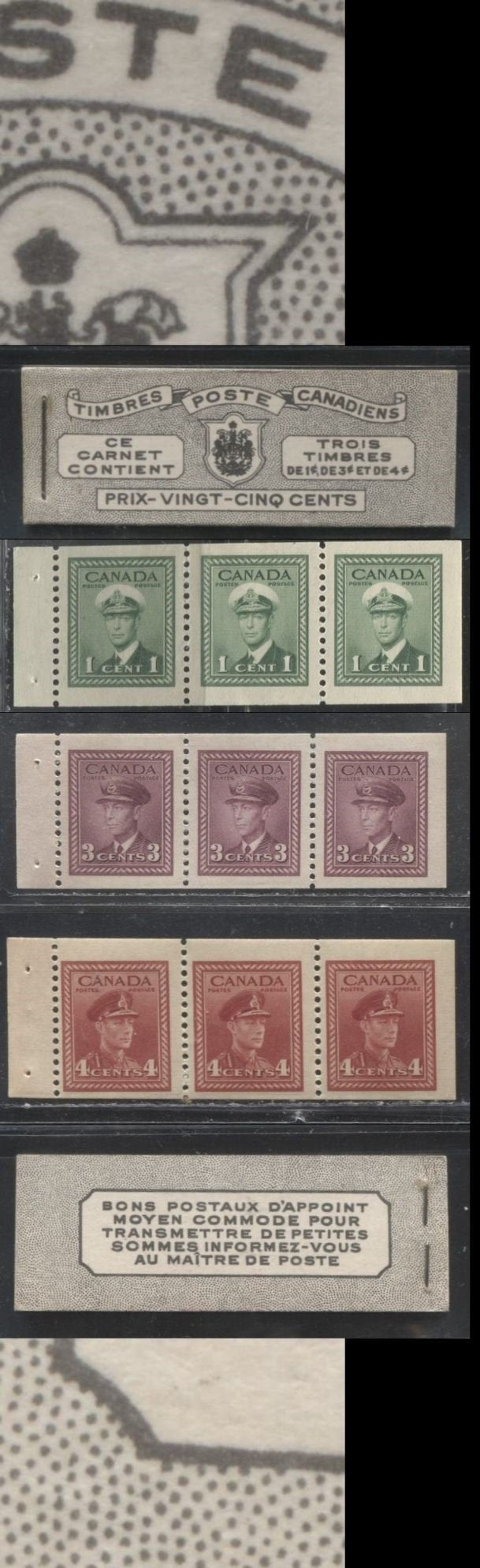 Lot 372 Canada #BK38a 1942-1949 War Issue Complete 25c, French Booklet Containing 1 Pane Each of 3 of 1c Green, 3c Rosy Plum and 4c Carmine Red, Harris Front Cover Type Vc , Back Cover Jviii, 7c & 6c Rate Page, Ribbed Paper, Paper CBN-ZZZZZ