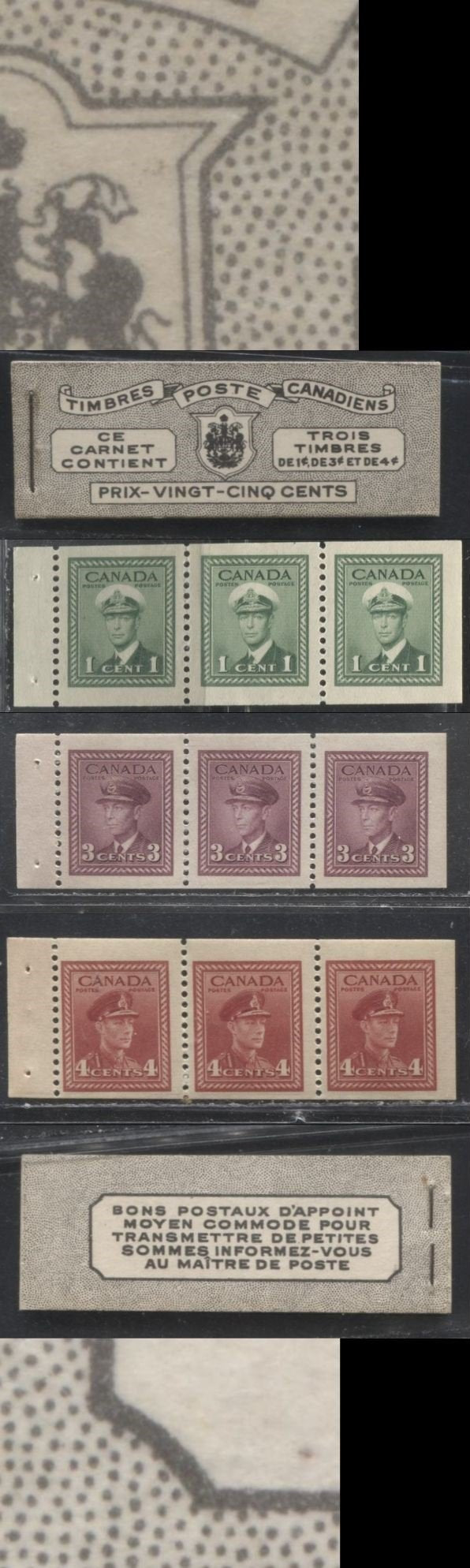 Lot 373 Canada #BK38a 1942-1949 War Issue Complete 25c, French Booklet Containing 1 Pane Each of 3 of 1c Green, 3c Rosy Plum and 4c Carmine Red, Harris Front Cover Type Vd , Back Cover Jviii, 7c & 6c Rate Page, Paper CBN-UUUUU