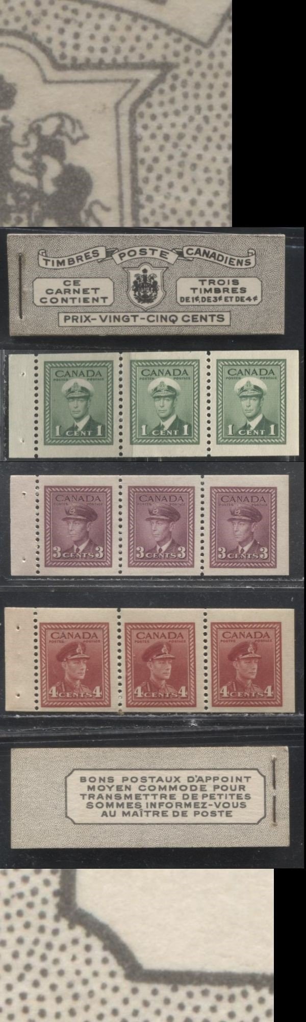 Lot 374 Canada #BK38a 1942-1949 War Issue Complete 25c, French Booklet Containing 1 Pane Each of 3 of 1c Green, 3c Rosy Plum and 4c Carmine Red, Harris Front Cover Type Vd , Back Cover Jiii, 7c & 6c Rate Page, CBN-SSSSS