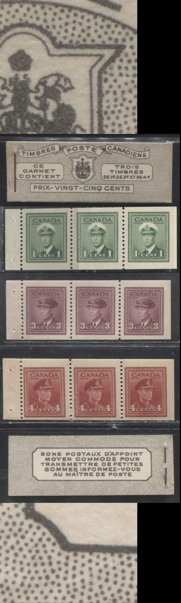 Lot 375 Canada #BK38a 1942-1949 War Issue Complete 25c, French Booklet Containing 1 Pane Each of 3 of 1c Green, 3c Rosy Plum and 4c Carmine Red, Harris Front Cover Type Ve , Back Cover Jv, 7c & 6c Rate Page, Paper CBN-XXXXX