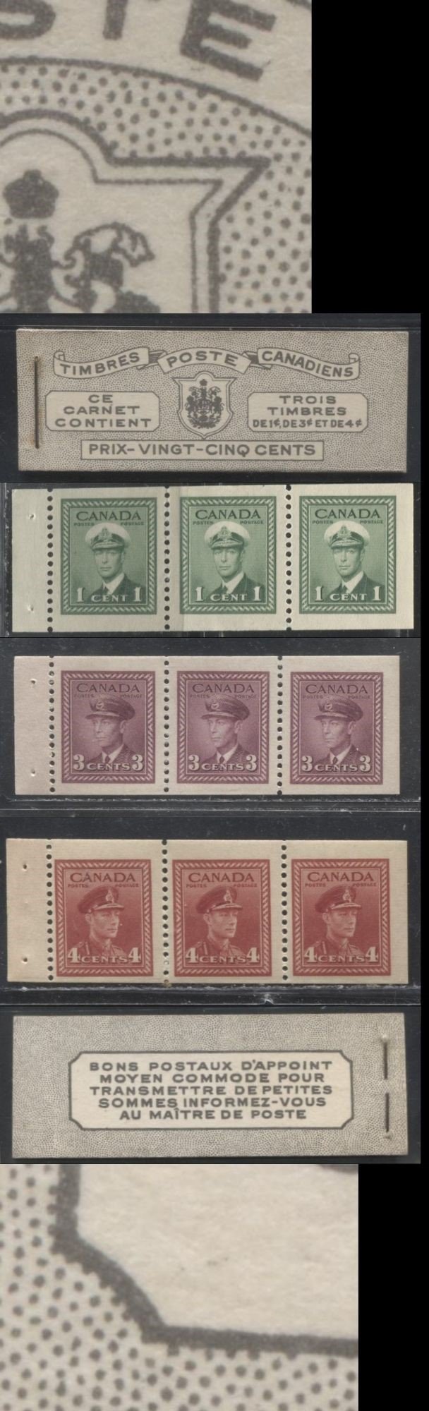 Lot 378 Canada #BK38a 1942-1949 War Issue Complete 25c, French Booklet Containing 1 Pane Each of 3 of 1c Green, 3c Rosy Plum and 4c Carmine Red, Harris Front Cover Type Vg , Back Cover Jvi, 7c & 6c Rate Page, Paper CBN-XXXXX