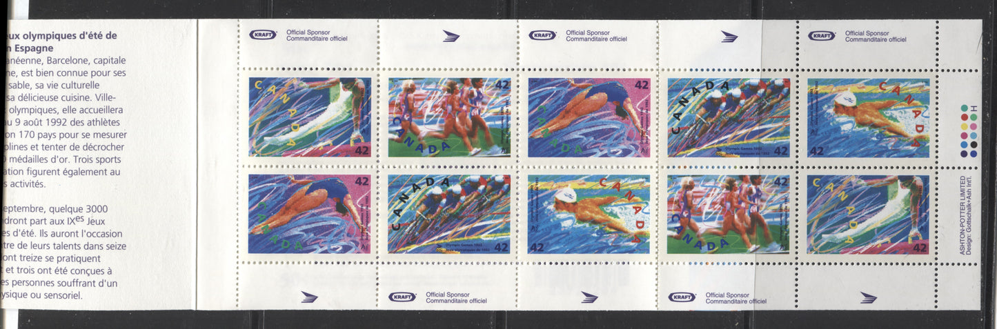 Canada #BK146a-d 1992 Summer Olympics Issue, Complete $4.20 Booklet, Harrison Paper, Dead Paper, 4 mm GT-4 Tagging Brixton Chrome 