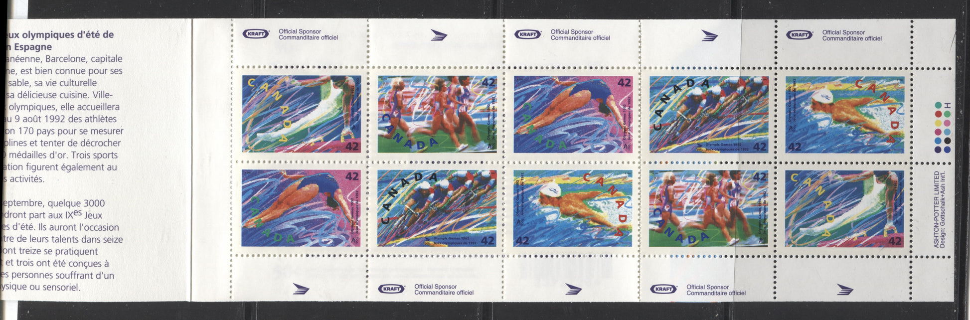 Canada #BK146a-d 1992 Summer Olympics Issue, Complete $4.20 Booklet, Harrison Paper, Dead Paper, 4 mm GT-4 Tagging Brixton Chrome 