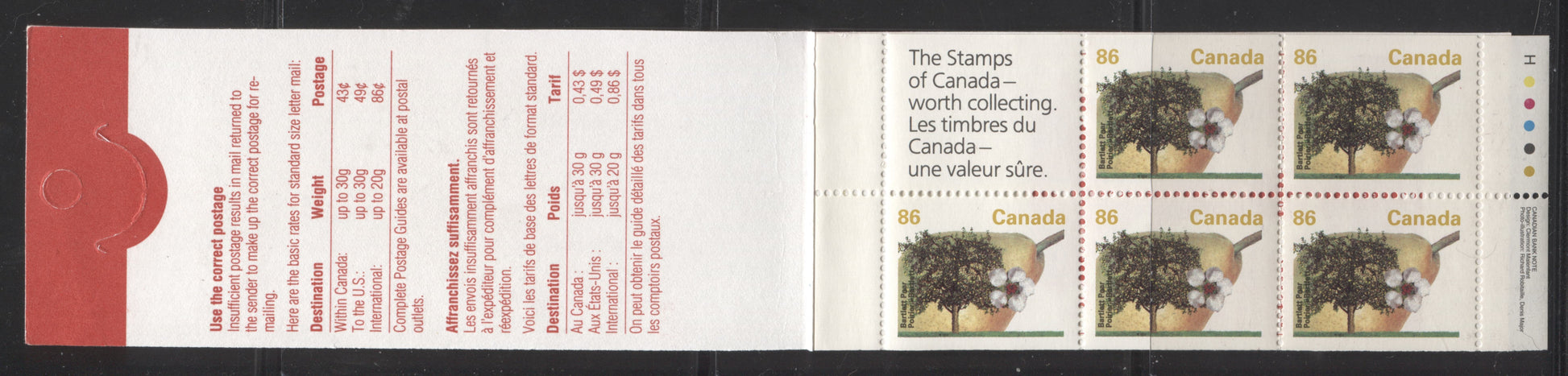 Canada #BK157Aa-Ad 1991-1998 Fruit and Flag Definitive Issue, Complete $4.30 Booklet, Harrison Paper, Dead Paper, 4 mm GT-4 Tagging Brixton Chrome 