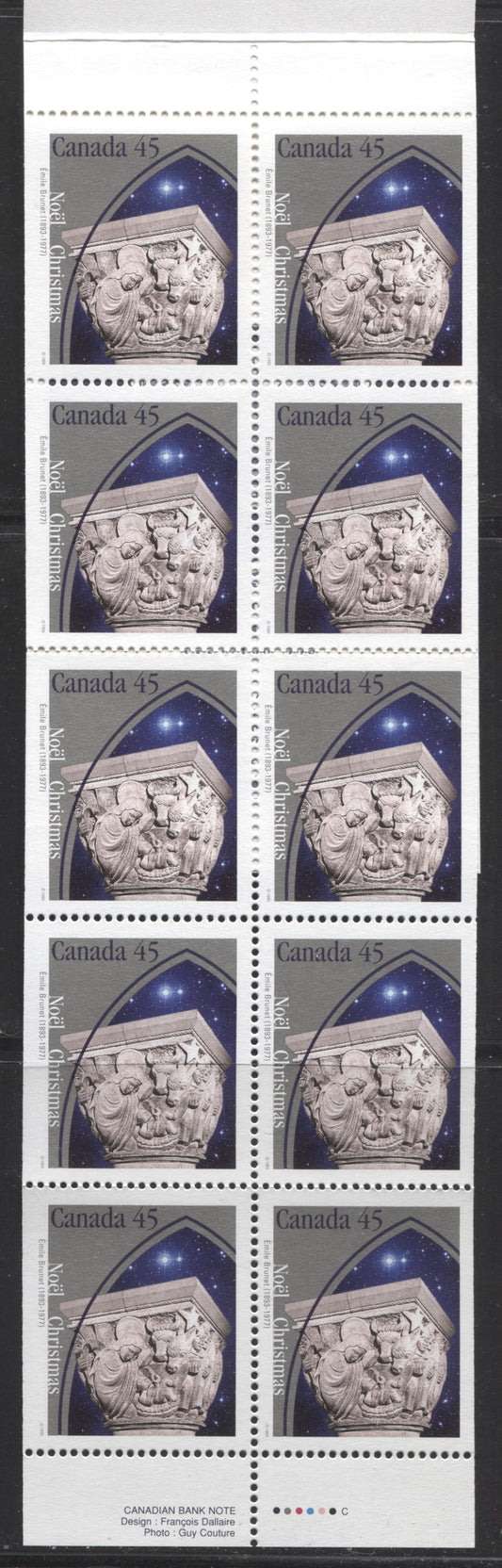 Canada #BK187a-b 1995 Christmas Issue, Complete $4.50 Booklet, Coated Papers Paper, Dead Paper, 4 mm GT-4 Tagging Brixton Chrome 