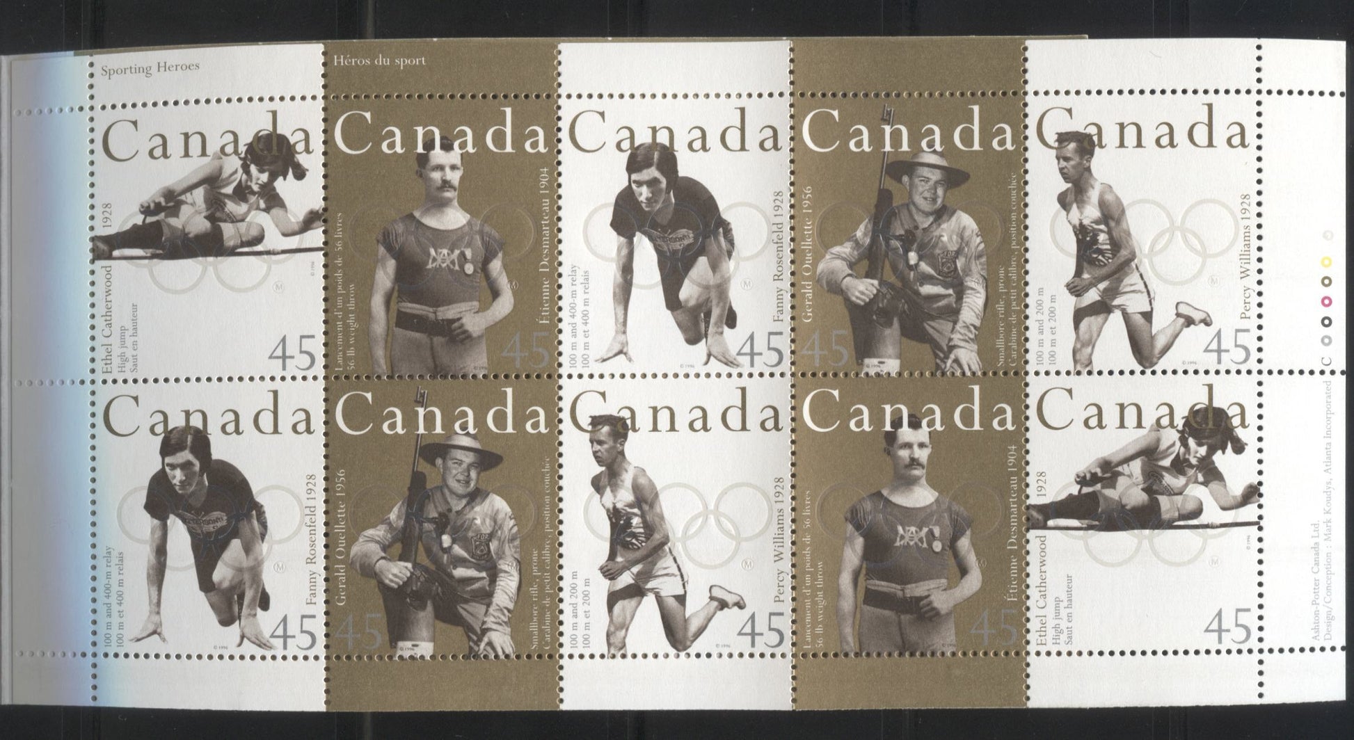 Canada #BK192a-b 1996 Olympic Gold Medallists Issue, Complete $4.50 Booklet, Coated Papers Paper, Dead Paper, All Over Tagging Brixton Chrome 