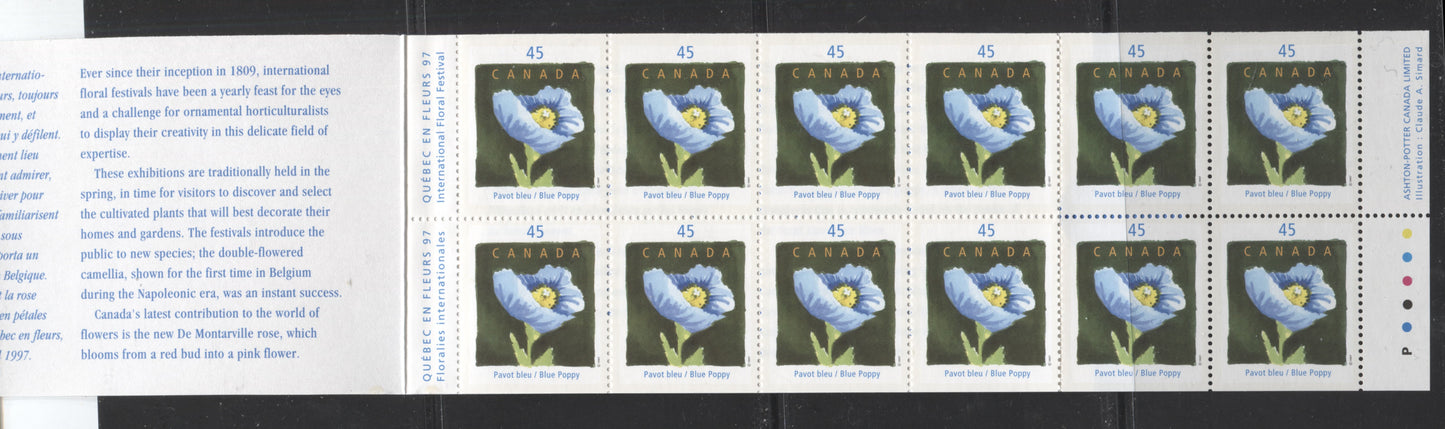 Canada #BK199a-b 1997 Quebec En Fluers 97 Issue, Complete $5.40 Booklet, Peterborough Paper, 4 mm GT-4 Tagging Brixton Chrome 