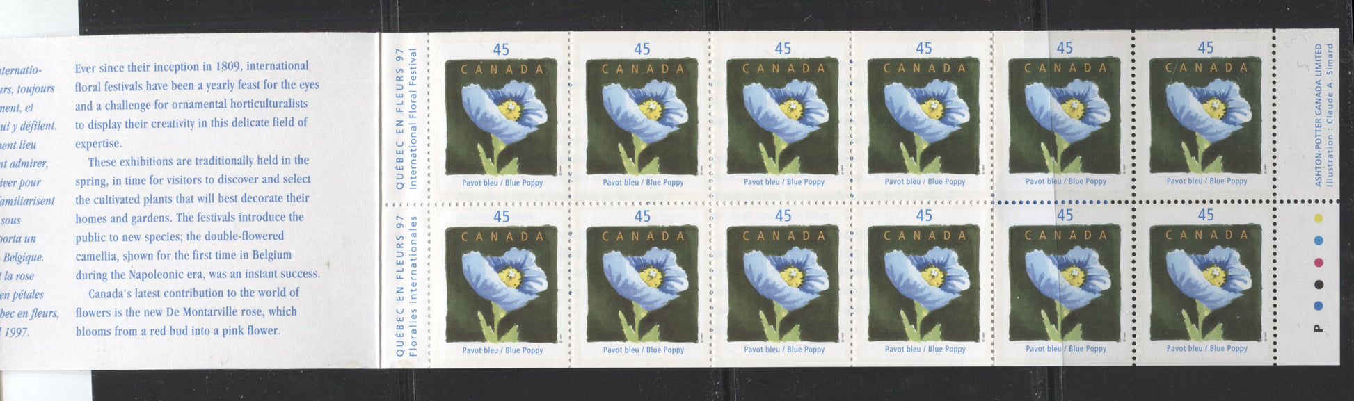Canada #BK199a-b 1997 Quebec En Fluers 97 Issue, Complete $5.40 Booklet, Peterborough Paper, 4 mm GT-4 Tagging Brixton Chrome 