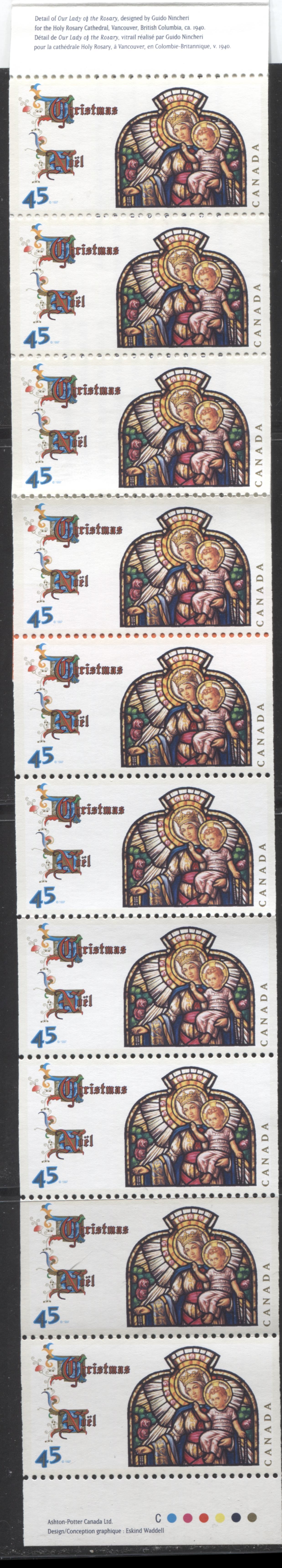 Canada #BK202a-b 1997 Christmas Issue, Complete $4.50 Booklet, Coated Papers Paper, Dead Paper, 4 mm GT-4 Tagging Brixton Chrome 