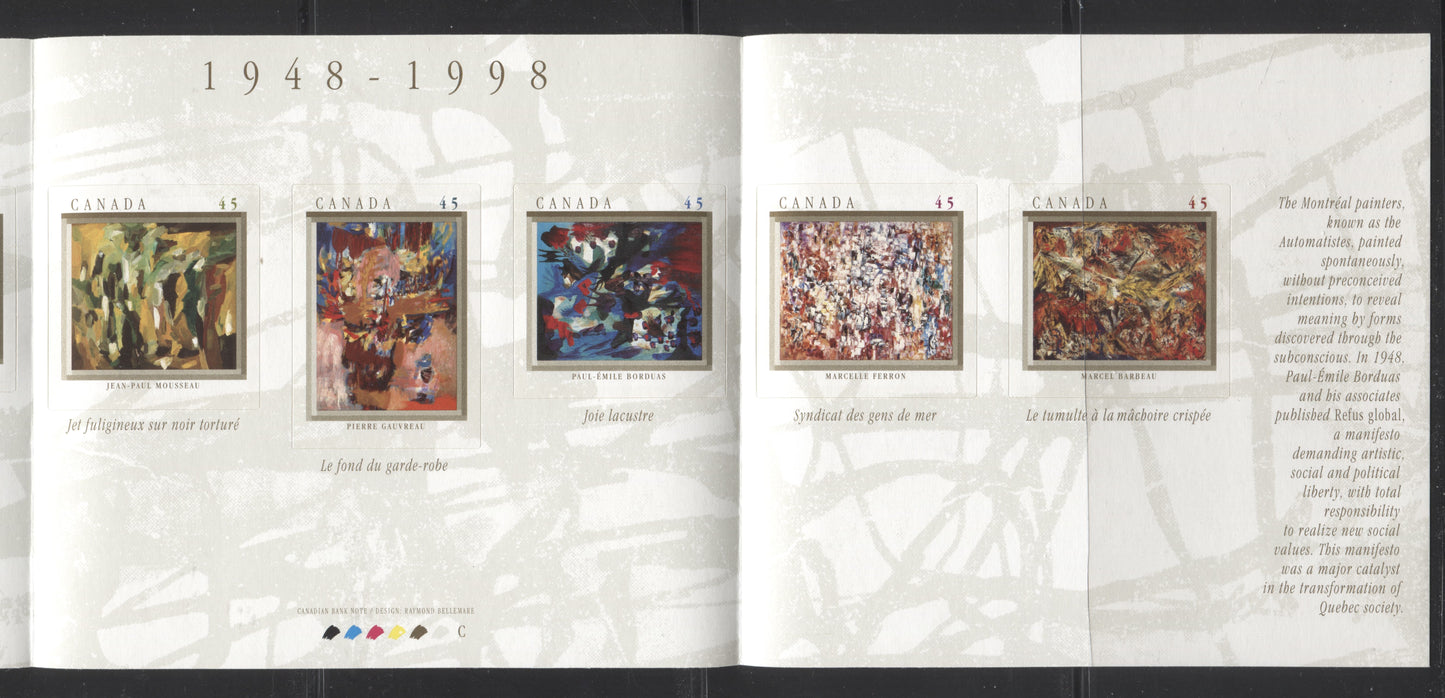 Canada #BK209a 1998 The Automatistes Issue, Complete $3.15 Booklet, Tullis Russell Coatings Paper, Dead Paper, 4 mm GT-4 Tagging Brixton Chrome 