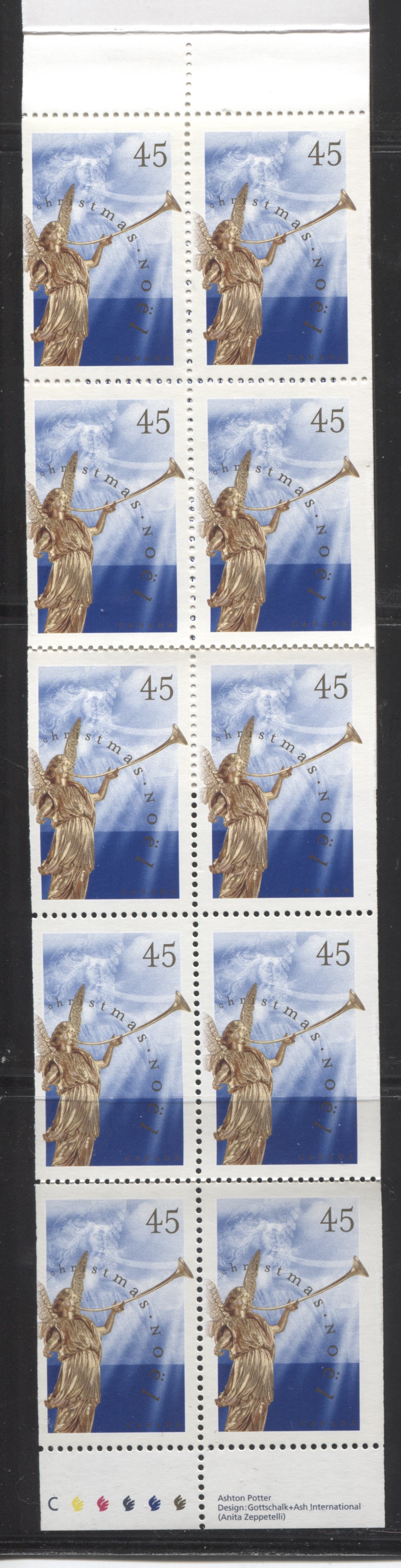 Canada #BK211a-Ab 1998 Christmas Issue, Complete $4.50 Booklet, Tullis Russell Coatings Paper, Dead Paper, 4 mm GT-4 Tagging Brixton Chrome 