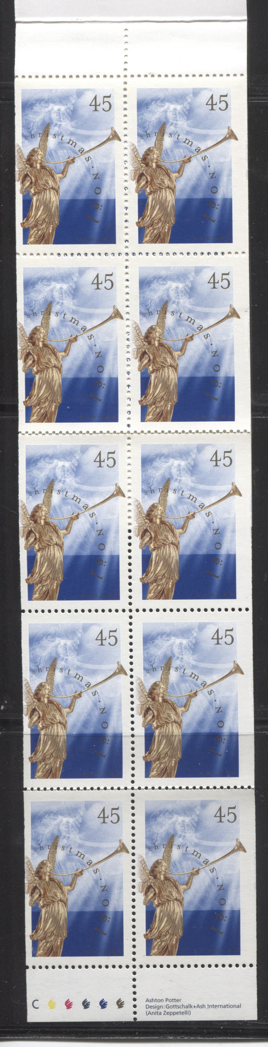 Canada #BK211a-Ab 1998 Christmas Issue, Complete $4.50 Booklet, Tullis Russell Coatings Paper, Dead Paper, 4 mm GT-4 Tagging Brixton Chrome 