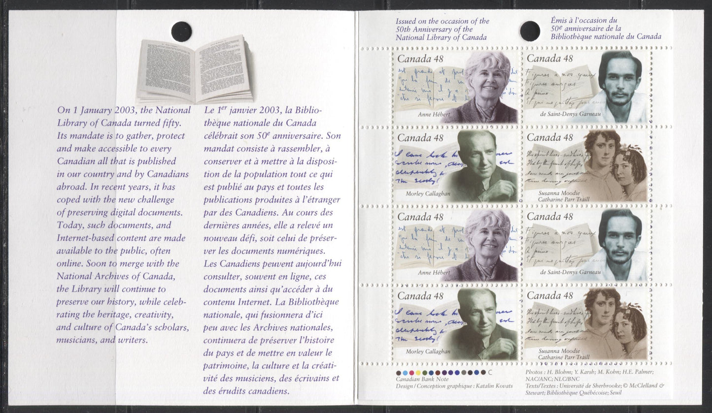 Canada #BK274a-b 2003 Canadian Authors Issue, Complete $3.84 Booklet, Tullis Russell Coatings Paper, Dead Paper, 4 mm GT-4 Tagging Brixton Chrome 