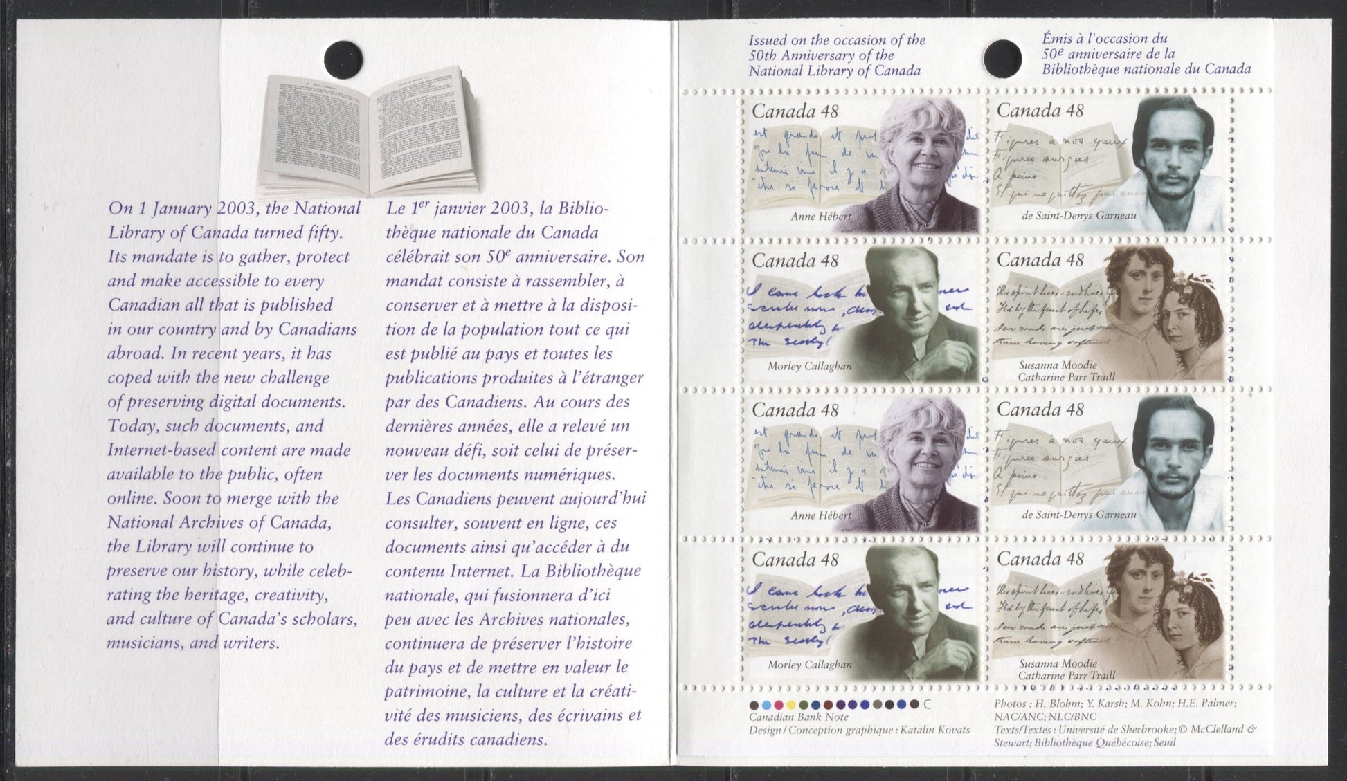 Canada #BK274a-b 2003 Canadian Authors Issue, Complete $3.84 Booklet, Tullis Russell Coatings Paper, Dead Paper, 4 mm GT-4 Tagging Brixton Chrome 