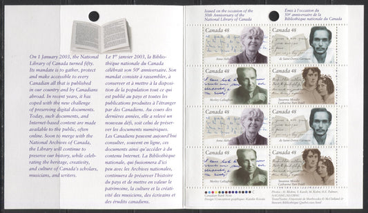 Canada #BK274a-b 2003 Canadian Authors Issue, Complete $3.84 Booklet, Tullis Russell Coatings Paper, Dead Paper, 4 mm GT-4 Tagging Brixton Chrome 