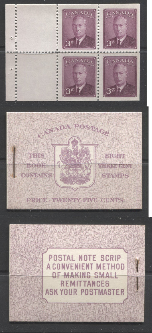 Canada #BK40a 1949-1953 Postes-Postage Issue Complete 25c English, Booklet Containing 2 Panes of the 3c Rose-Purple King George VI, Harris Front Cover Type IIf, Back Cover Caiii, 7c & 5c Rate Page