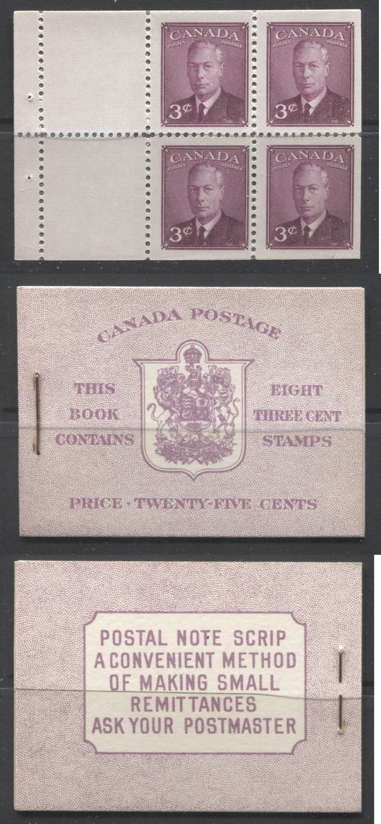 Canada #BK40a 1949-1953 Postes-Postage Issue Complete 25c English, Booklet Containing 2 Panes of the 3c Rose-Purple King George VI, Harris Front Cover Type IIf, Back Cover Caiv, 7c & 5c Rate Page