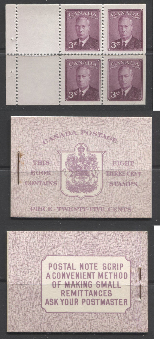 Canada #BK40a 1949-1953 Postes-Postage Issue Complete 25c English, Booklet Containing 2 Panes of the 3c Rose-Purple King George VI, Harris Front Cover Type IIf, Back Cover Caii, 7c & 5c Rate Page