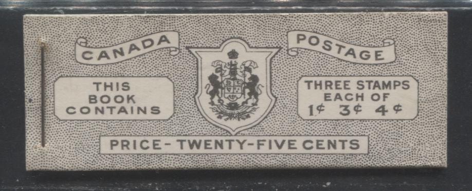 Lot 364 Canada #BK38a 1942-1949 War Issue 25c, English Booklet, 1 Pane Each of 3 of 1c Green, 3c Rosy Plum and 4c Carmine Red, Harris Font Cover Type IVb , Back Cover Haii, 7c & 6c Rate Page, Paper CBN-AAAAAA, Cutting Guideline At UR Of Front Cover