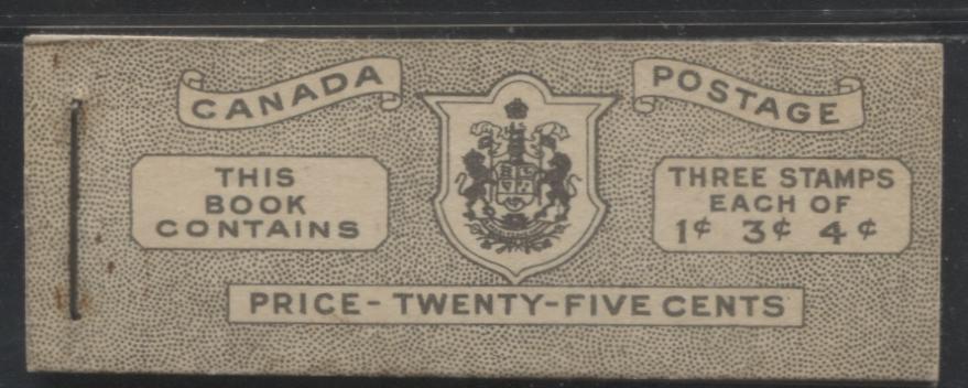 Lot 369 Canada #BK38a 1942-1949 War Issue Complete 25c, English Booklet Containing 1 Pane Each of 3 of 1c Green, 3c Rosy Plum and 4c Carmine Red, Harris Front Cover Type IVd , Back Cover Haiv, 7c & 6c Rate Page
