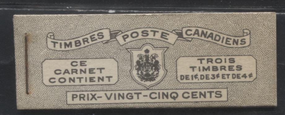 Lot 371 Canada #BK38a 1942-1949 War Issue Complete 25c, French Booklet Containing 1 Pane Each of 3 of 1c Green, 3c Rosy Plum and 4c Carmine Red, Harris Front Cover Type Vc , Back Cover Jvii, 7c & 6c Rate Page, Paper CBN-ZZZZZ