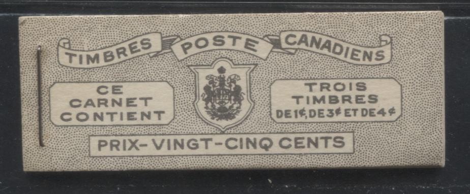 Lot 372 Canada #BK38a 1942-1949 War Issue Complete 25c, French Booklet Containing 1 Pane Each of 3 of 1c Green, 3c Rosy Plum and 4c Carmine Red, Harris Front Cover Type Vc , Back Cover Jviii, 7c & 6c Rate Page, Ribbed Paper, Paper CBN-ZZZZZ