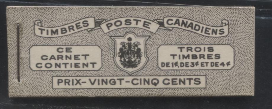 Lot 373 Canada #BK38a 1942-1949 War Issue Complete 25c, French Booklet Containing 1 Pane Each of 3 of 1c Green, 3c Rosy Plum and 4c Carmine Red, Harris Front Cover Type Vd , Back Cover Jviii, 7c & 6c Rate Page, Paper CBN-UUUUU