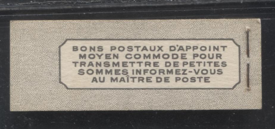 Lot 374 Canada #BK38a 1942-1949 War Issue Complete 25c, French Booklet Containing 1 Pane Each of 3 of 1c Green, 3c Rosy Plum and 4c Carmine Red, Harris Front Cover Type Vd , Back Cover Jiii, 7c & 6c Rate Page, CBN-SSSSS