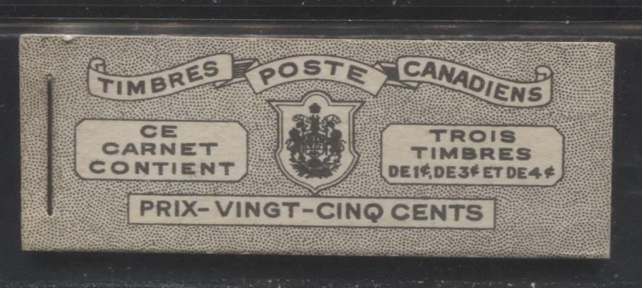 Lot 375 Canada #BK38a 1942-1949 War Issue Complete 25c, French Booklet Containing 1 Pane Each of 3 of 1c Green, 3c Rosy Plum and 4c Carmine Red, Harris Front Cover Type Ve , Back Cover Jv, 7c & 6c Rate Page, Paper CBN-XXXXX