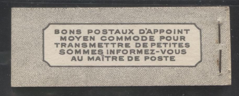 Lot 375 Canada #BK38a 1942-1949 War Issue Complete 25c, French Booklet Containing 1 Pane Each of 3 of 1c Green, 3c Rosy Plum and 4c Carmine Red, Harris Front Cover Type Ve , Back Cover Jv, 7c & 6c Rate Page, Paper CBN-XXXXX