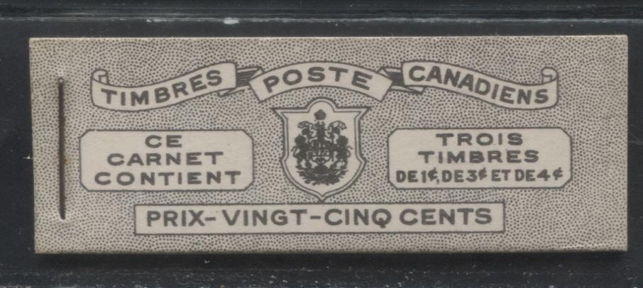 Lot 378 Canada #BK38a 1942-1949 War Issue Complete 25c, French Booklet Containing 1 Pane Each of 3 of 1c Green, 3c Rosy Plum and 4c Carmine Red, Harris Front Cover Type Vg , Back Cover Jvi, 7c & 6c Rate Page, Paper CBN-XXXXX