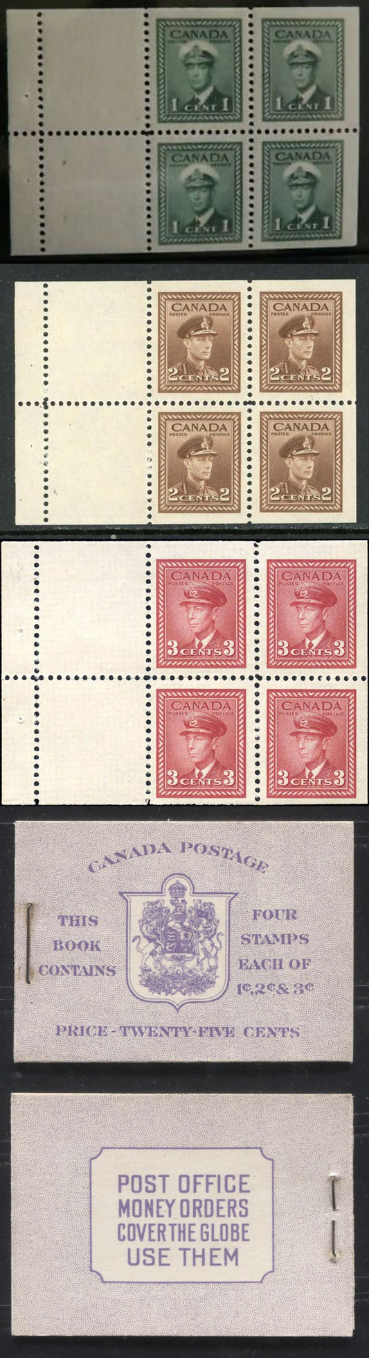 Lot 348 Canada #BK37e 1942-1949 War Issue, Complete 25¢ English Booklet,  Surcharged Rate Page,  17 mm Staple,  Vertical Wove Paper,  Type 1 Cover IIh, Harris Back Cover Type A